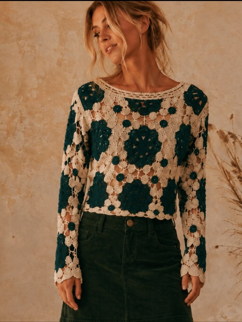 Rebellion Crochet Patchwork Sweater M Boho Open Knit Cropped EUC